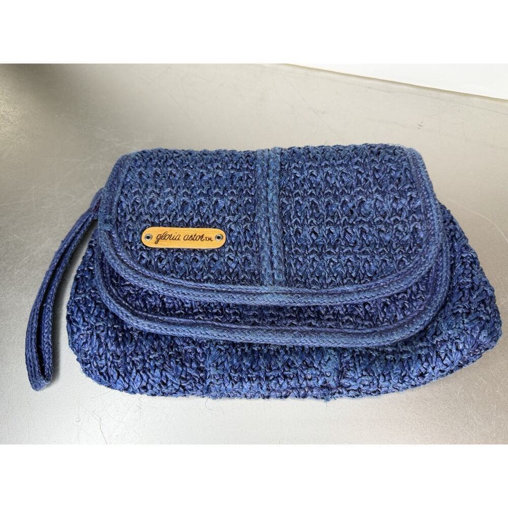 Vintage Gloria Astor Woven Wristlet Clutch Envelope Flap Crochet Purse 70s Blue